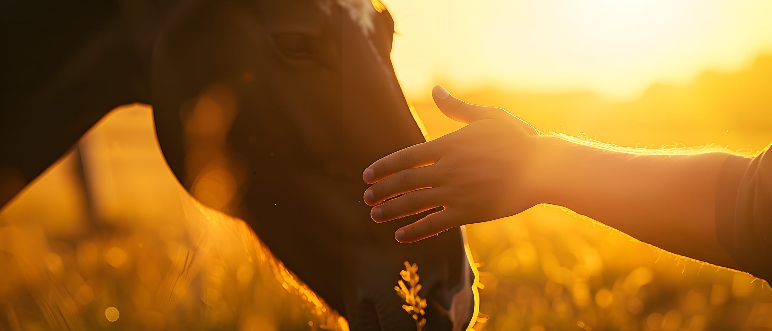 Silhousette of man while stroking of therapy horse on meadow at sunset Themes hippotherapy care and friendship between people and animals : Generative AI